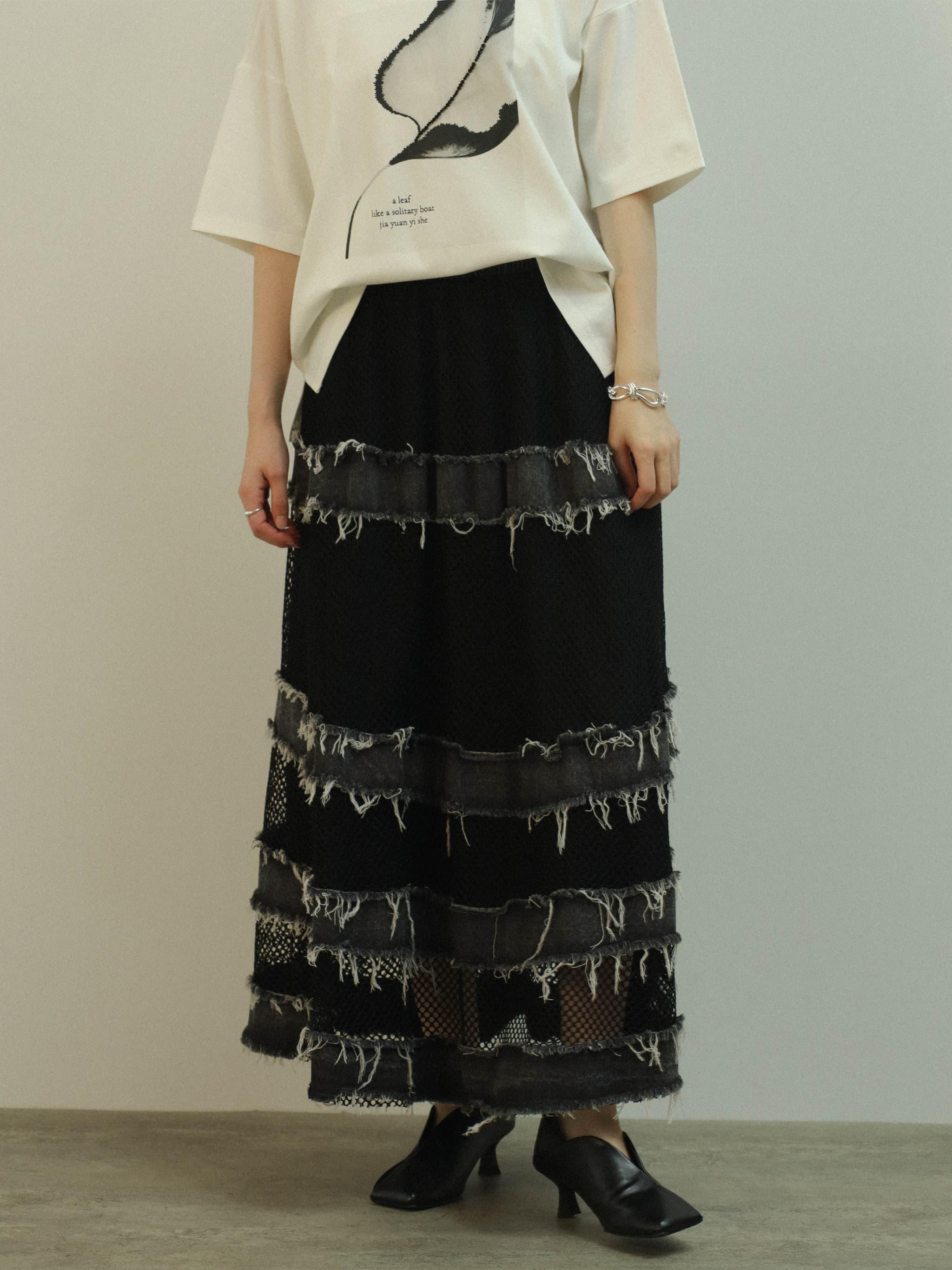 フリンジデニム×メッシュ切り替えフレアスカート